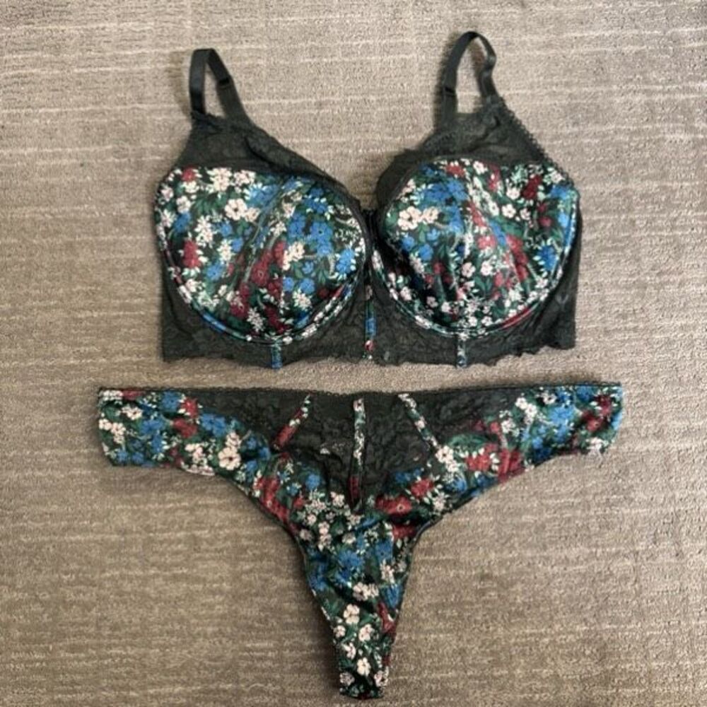 Adore Me Svana Contour Plus Green Floral Lace Bra Lingerie Set 40H 2X